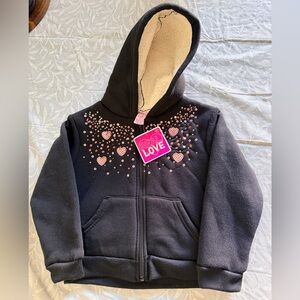 Girls' Black Hooded Zip Jacket with Pink Heart Embellishments